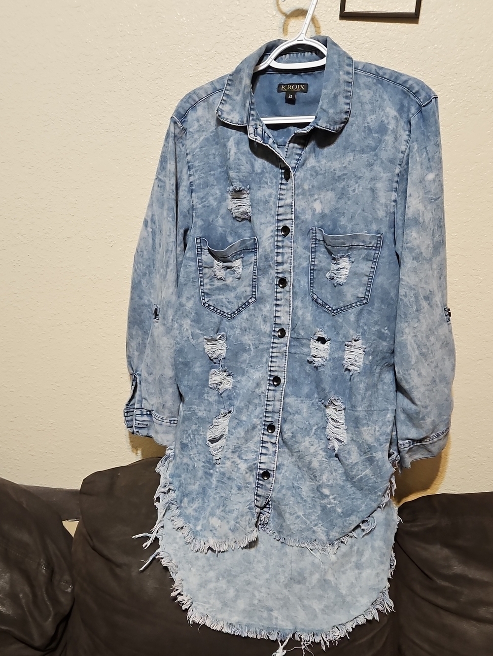 Kroix Light Blue High Low Distressed Denim Button-Down Shirt